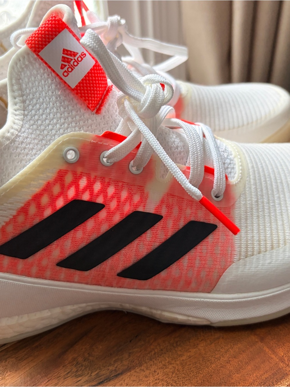 adidas White Sneakers with Neon Coral & Black Three-Stripes